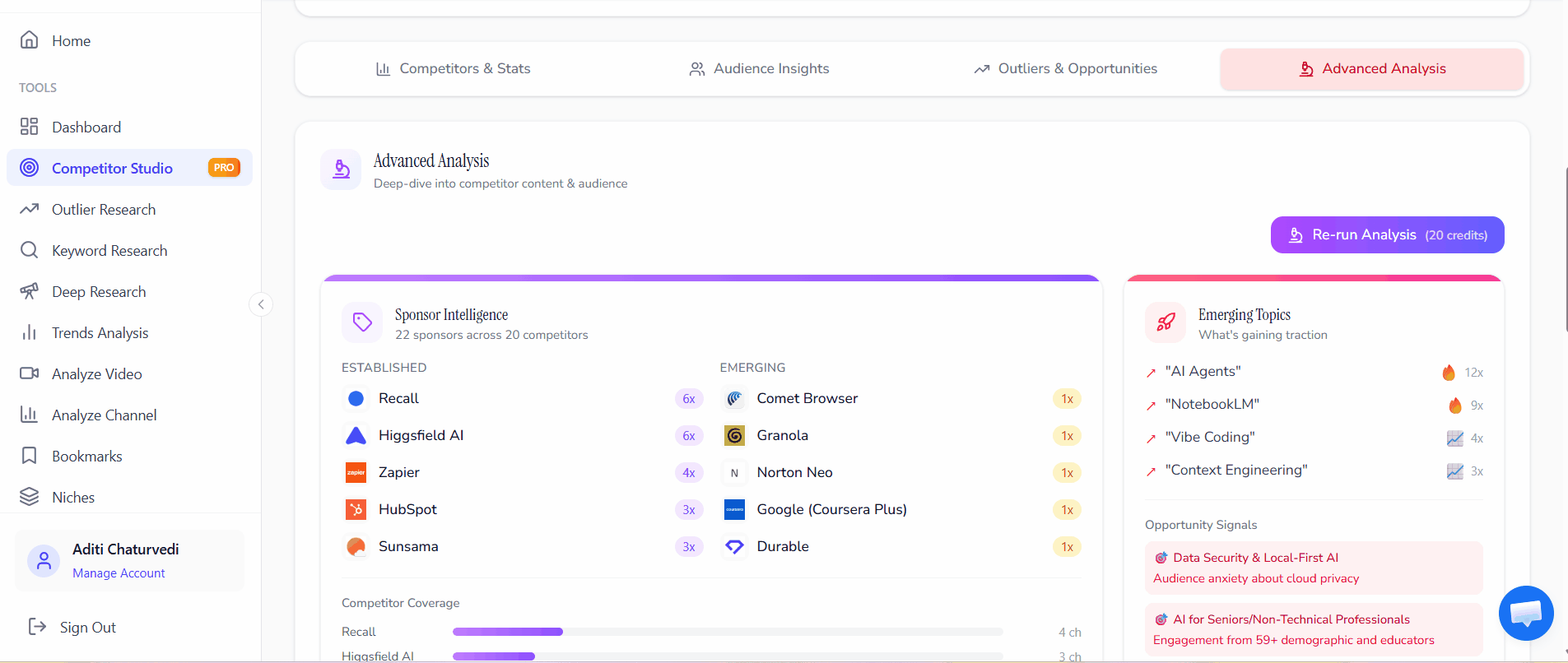 OutlierKit Competitor Studio deep analysis walkthrough showing audience insights, content analysis, and sponsor intelligence features for evaluating YouTube nano-influencers